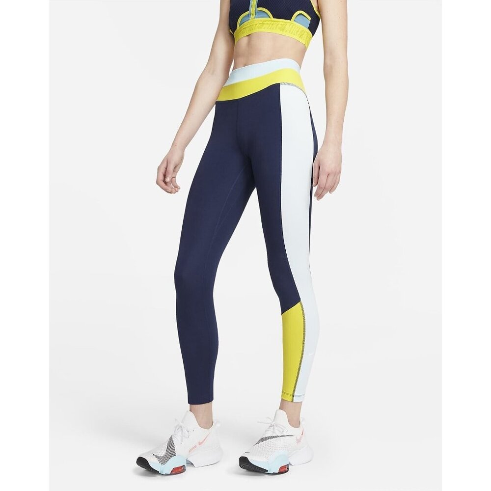 Nike Women's One Dri-Fit Sportswear Mid Rise Gym Yellow Blue 7/8 Leggings Pants
